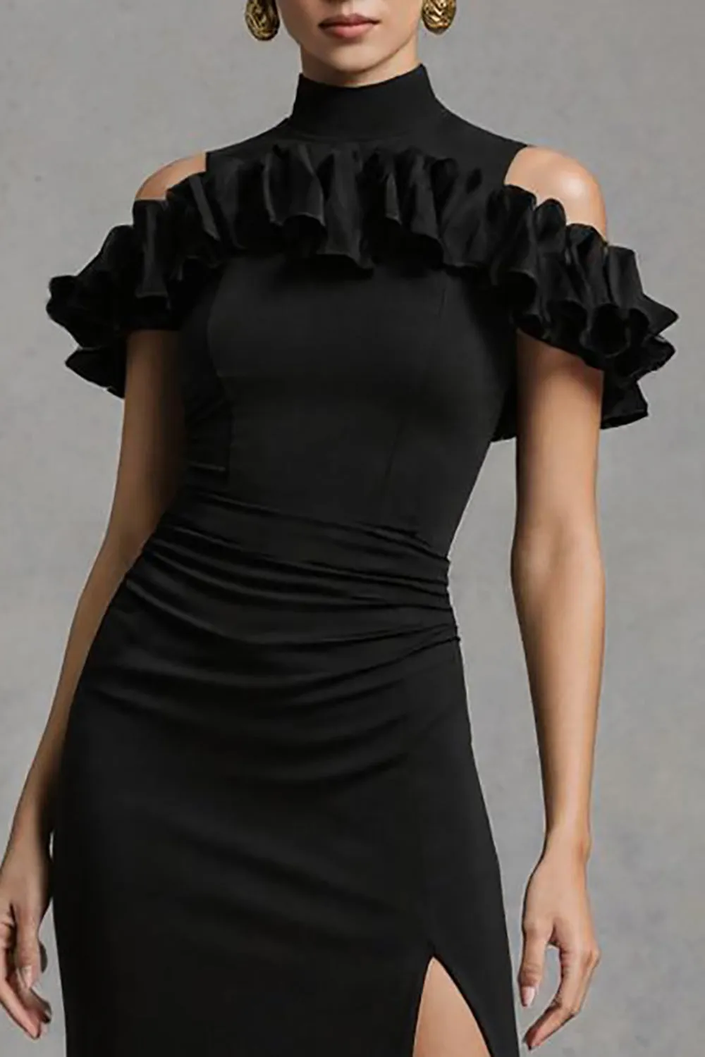 Black Sheath Satin High Neck Long Formal Dress with Slit sold by Zapaka product image thumbnail 2