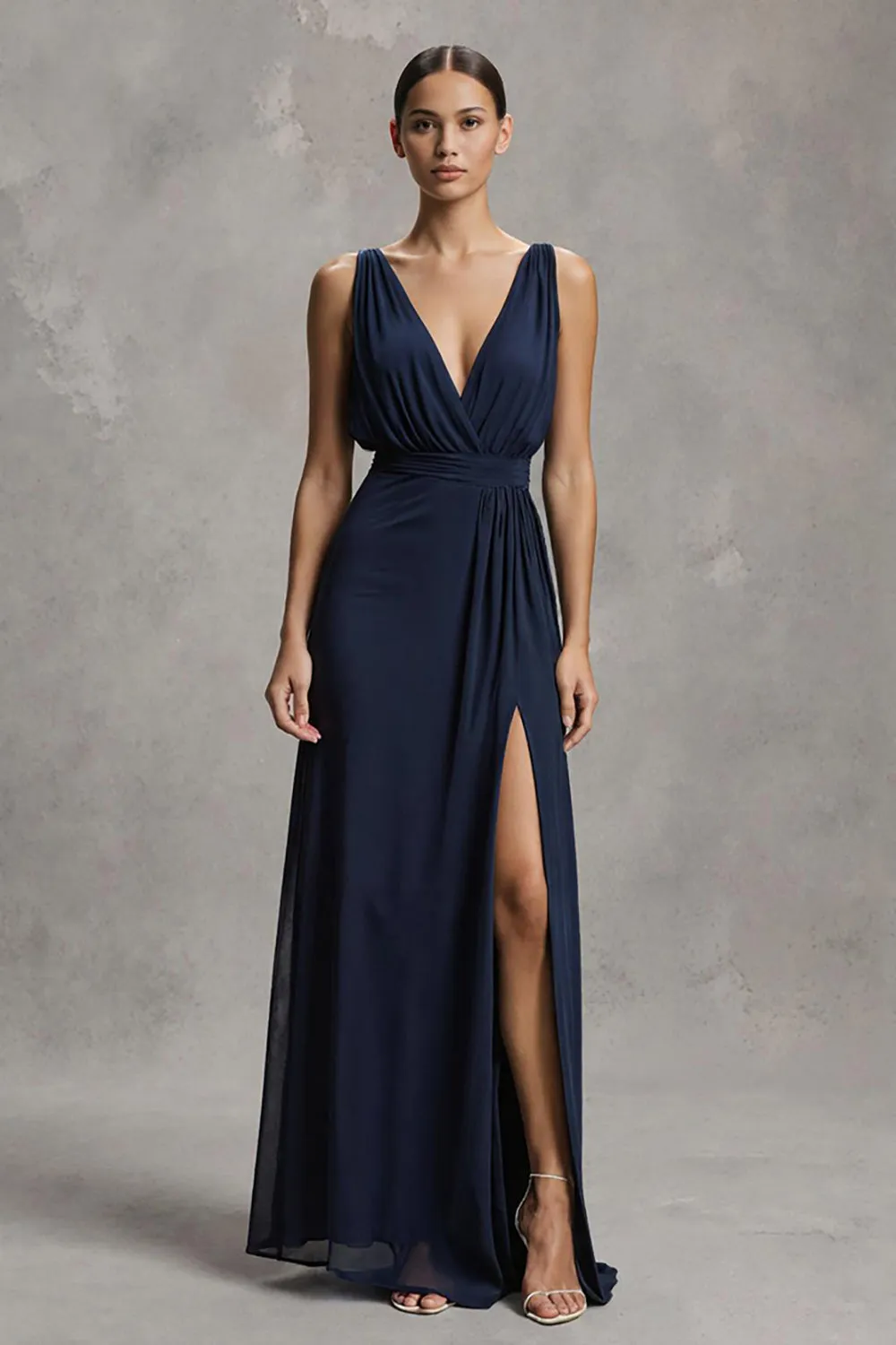 Navy Chiffon A Line V-Neck Long Formal Dress with Slit sold by Zapaka
