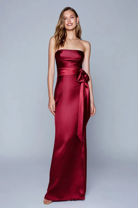 Burgundy Sheath Satin Strapless Long Formal Dress with Sash sold by Zapaka