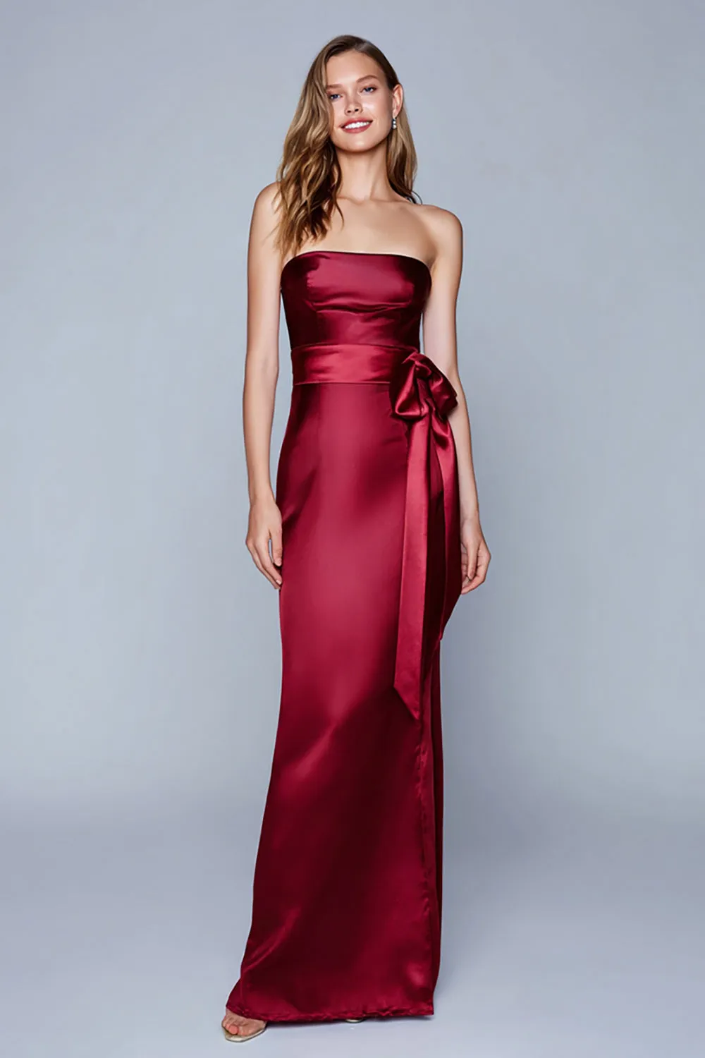 Burgundy Sheath Satin Strapless Long Formal Dress with Sash sold by Zapaka