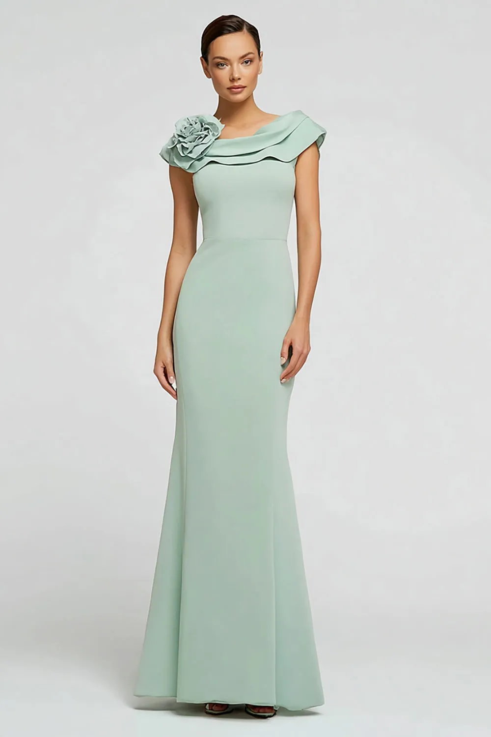 Mint Green Crepe Mermaid Boat Neck Long Formal Dress with Ruffles sold by Zapaka