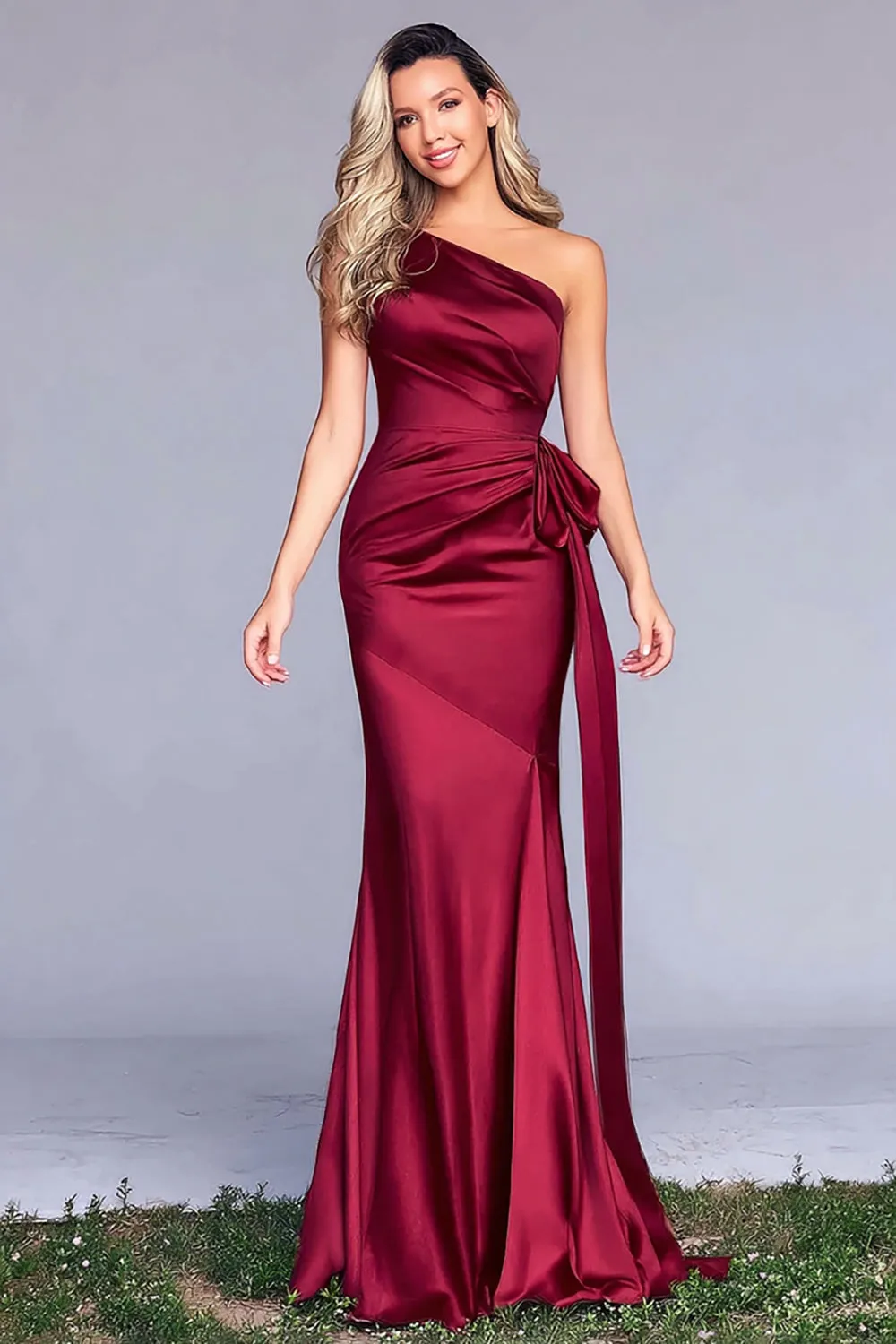 Burgundy One Shoulder Mermaid Satin Long Formal Dress with Sash sold by Zapaka