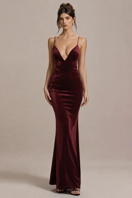 Burgundy Velvet Spaghetti Straps Mermaid Formal Dress sold by Zapaka