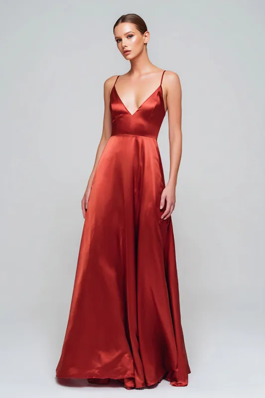 Red A Line Satin Spaghetti Straps Long Formal Dress sold by Zapaka