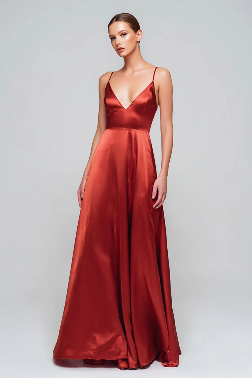 Red A Line Satin Spaghetti Straps Long Formal Dress sold by Zapaka