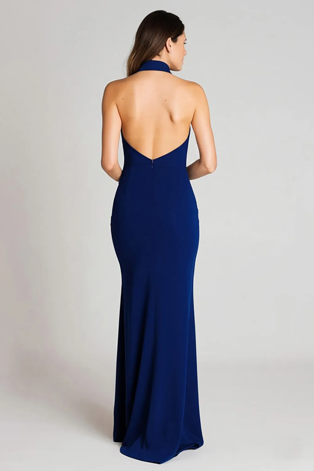 Navy Sheath Satin High Neck Long Formal Dress with Slit sold by Zapaka product image thumbnail 2