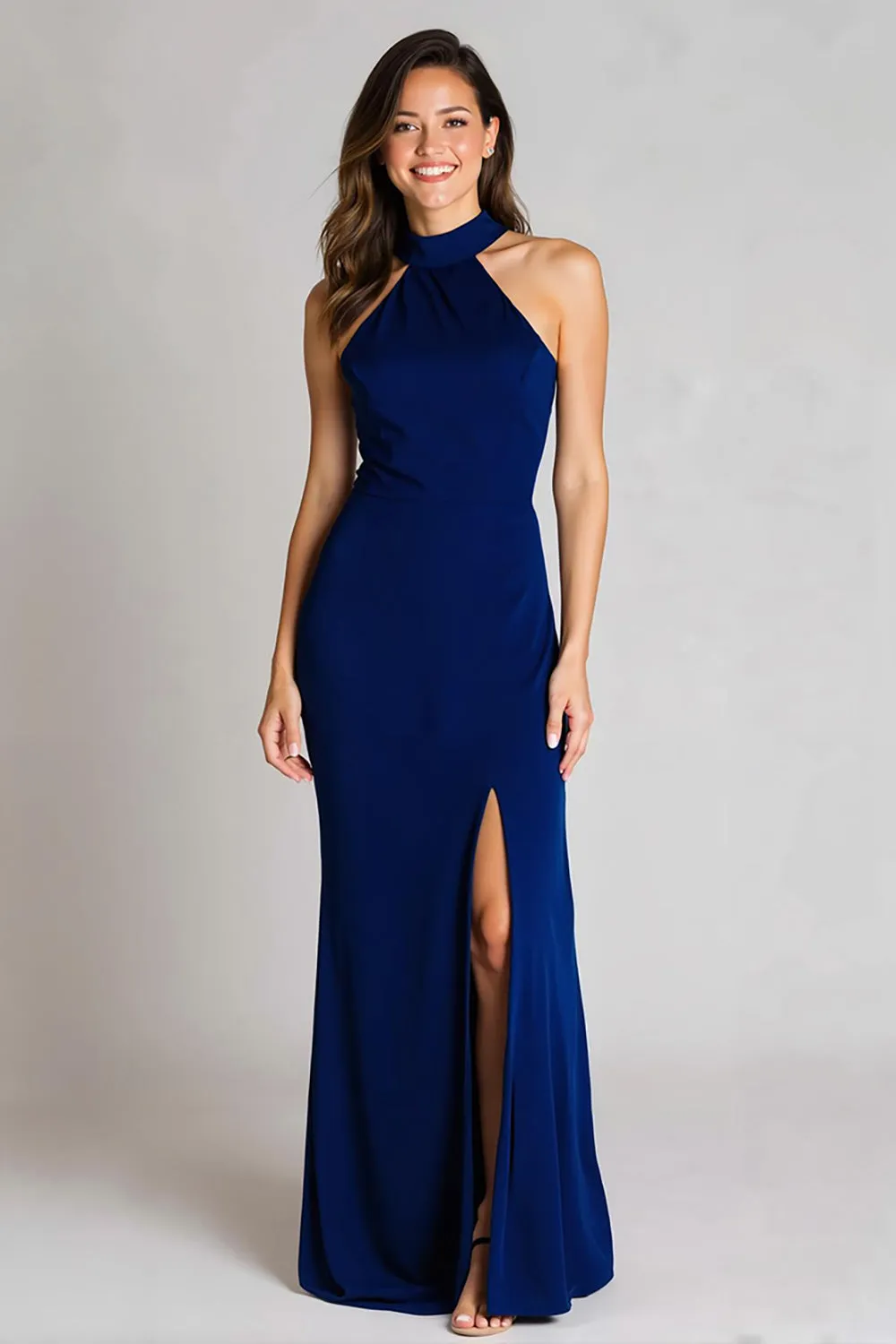 Navy Sheath Satin High Neck Long Formal Dress with Slit sold by Zapaka