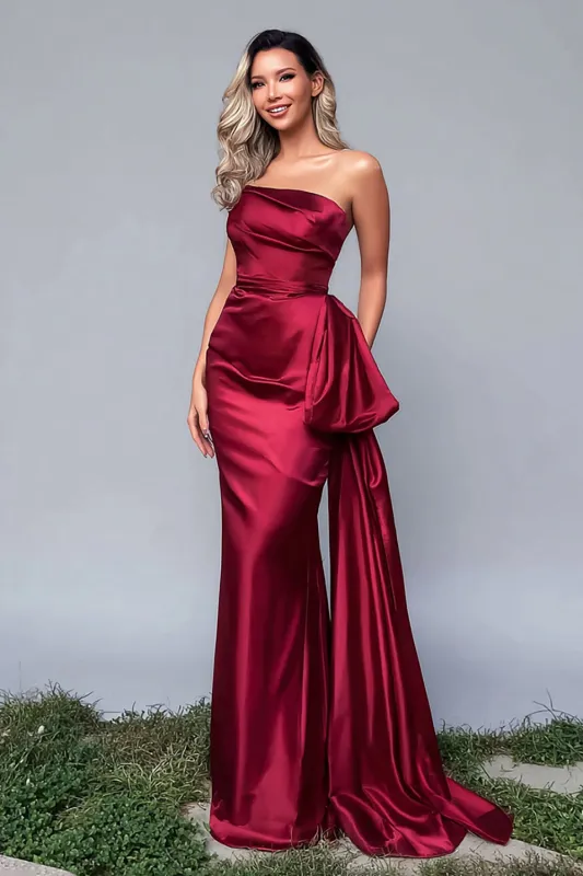 Burgundy Satin Strapless Ruched Long Formal Dress with Side Cape sold by Zapaka