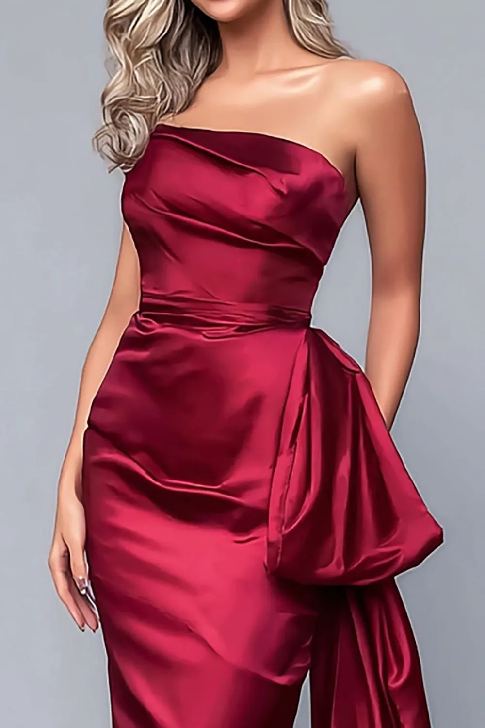 Burgundy Satin Strapless Ruched Long Formal Dress with Side Cape sold by Zapaka product image thumbnail 2