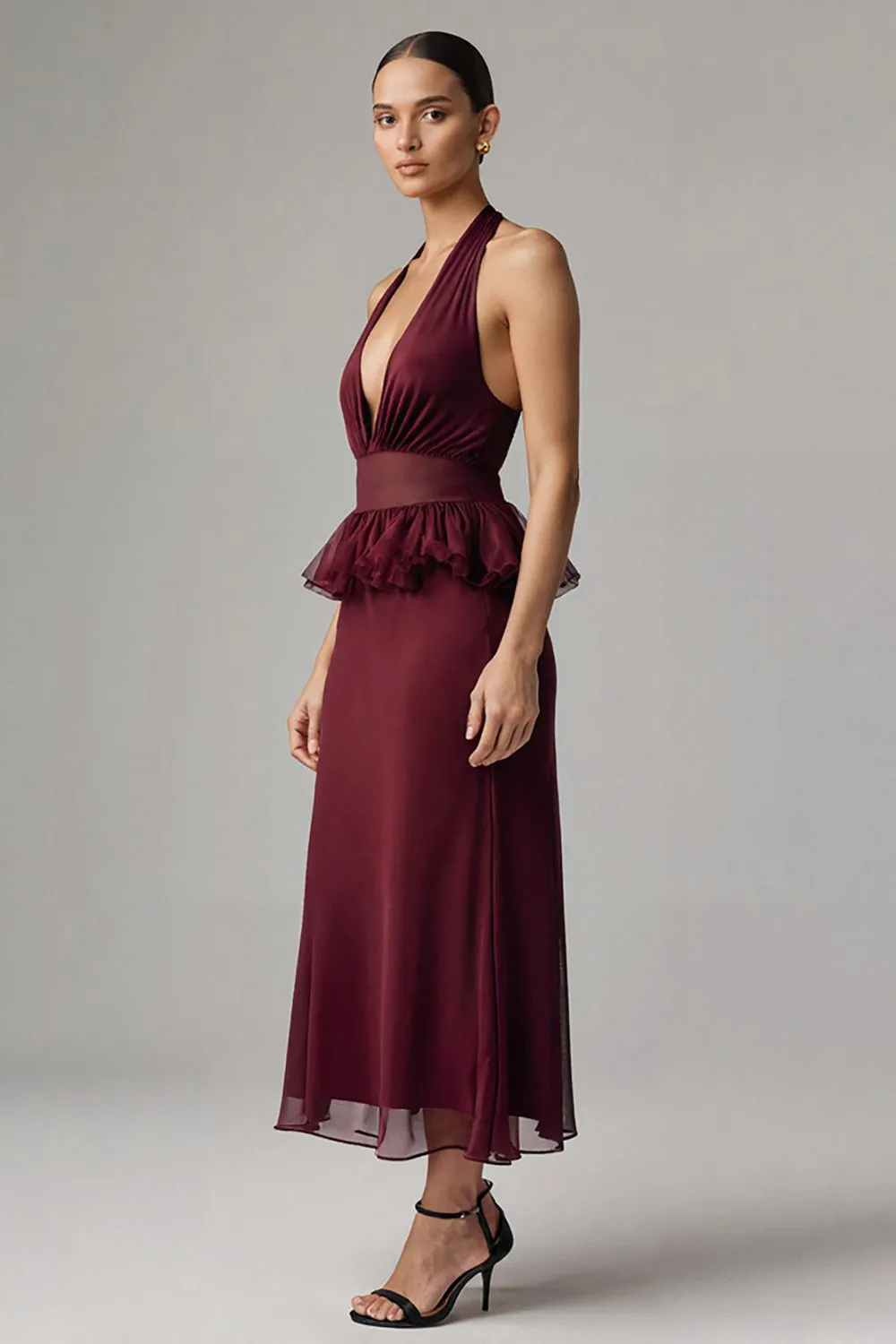 Burgundy Chiffon Deep V-Neck Halter Long Formal Dress with Ruffles sold by Zapaka product image thumbnail 2