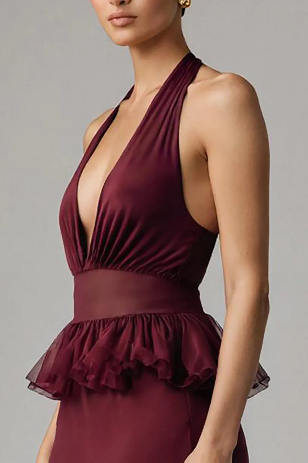Burgundy Chiffon Deep V-Neck Halter Long Formal Dress with Ruffles sold by Zapaka product image thumbnail 3