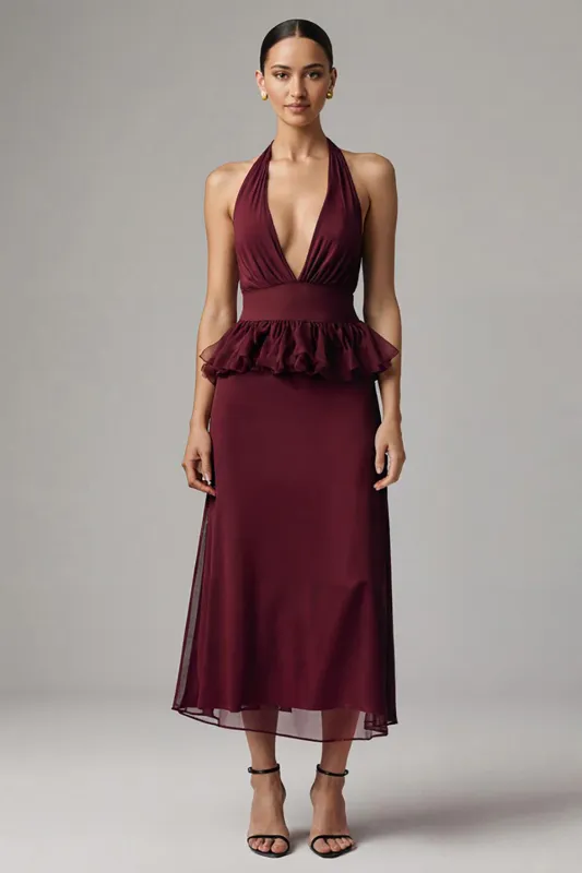 Burgundy Chiffon Deep V-Neck Halter Long Formal Dress with Ruffles sold by Zapaka