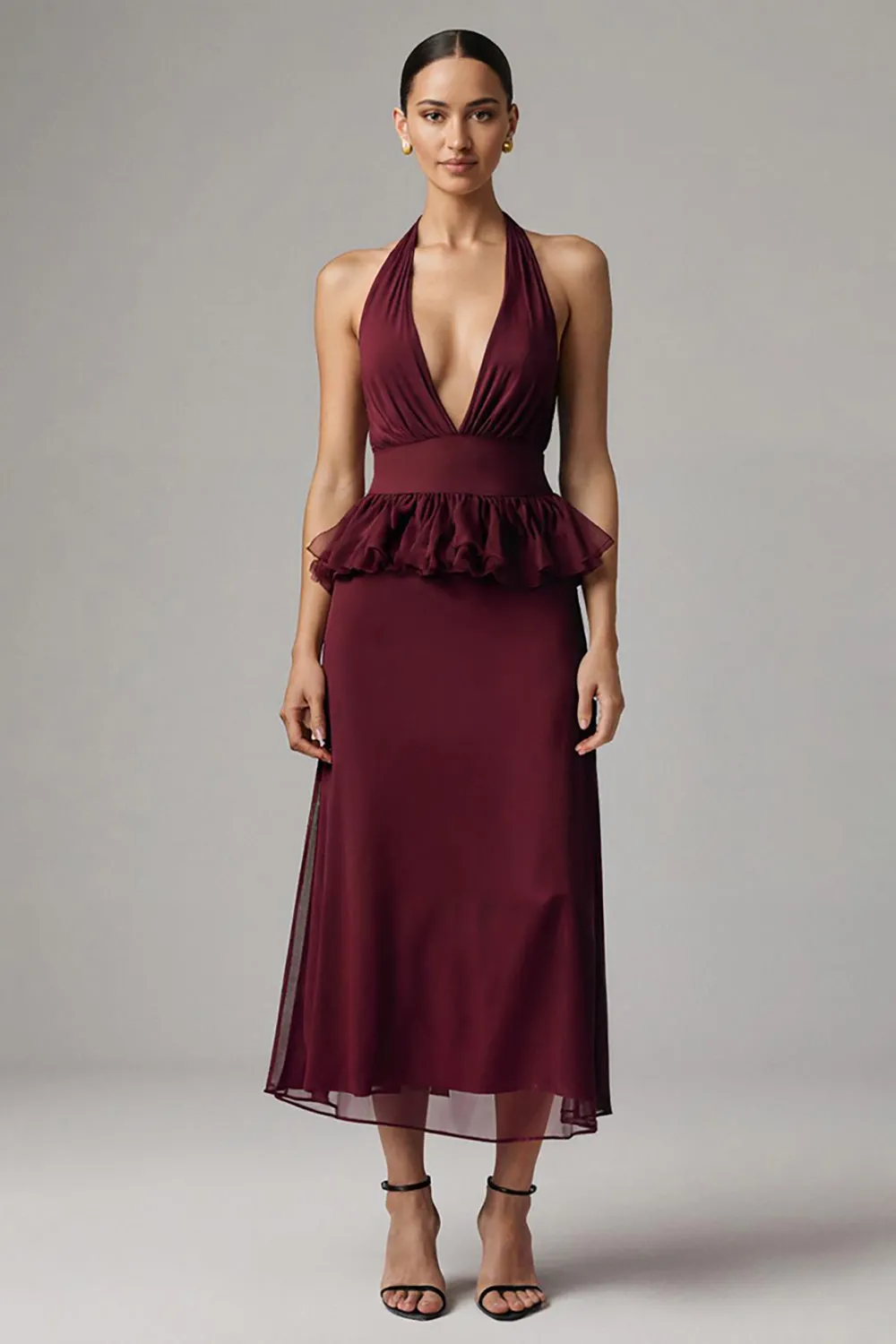 Burgundy Chiffon Deep V-Neck Halter Long Formal Dress with Ruffles sold by Zapaka