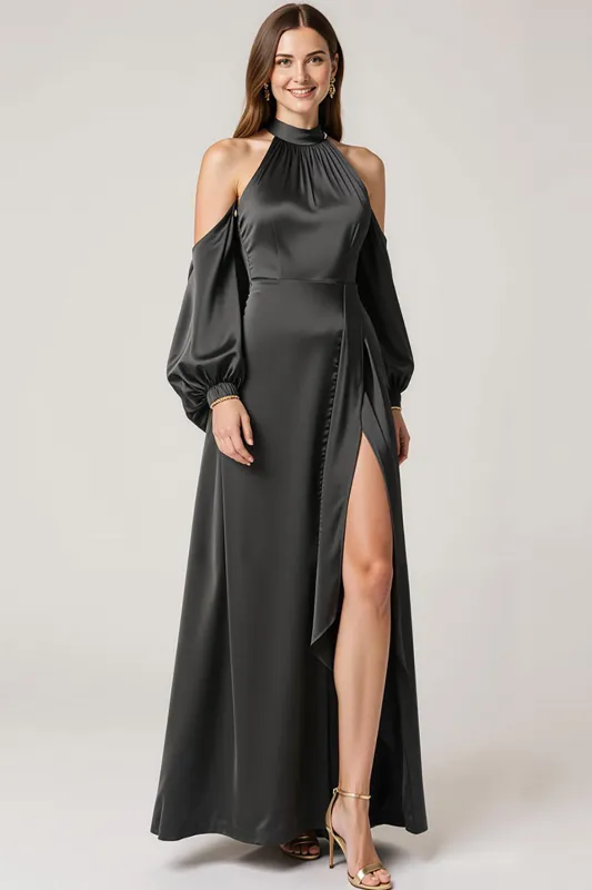 Halter Black Satin Formal Dress with Slit sold by Zapaka