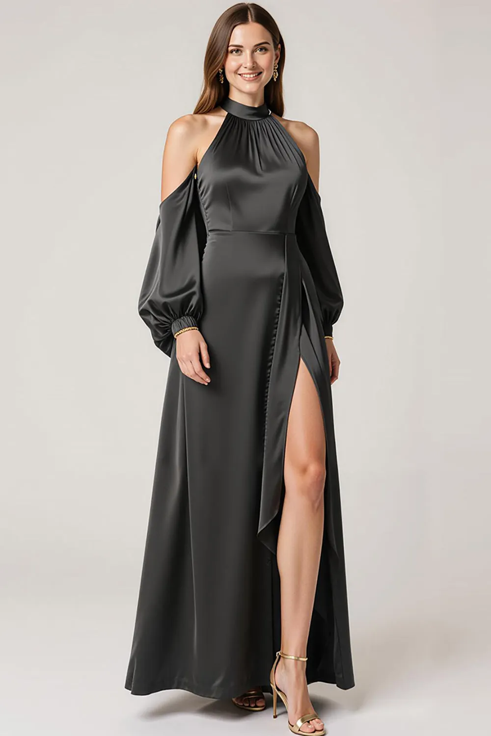 Halter Black Satin Formal Dress with Slit sold by Zapaka