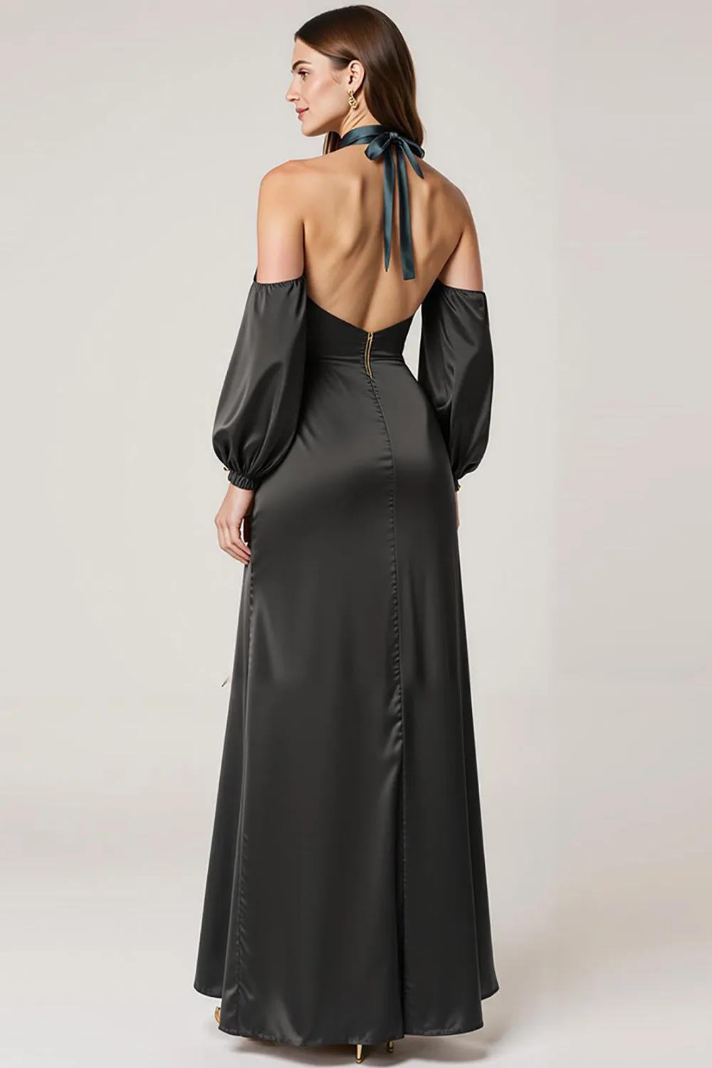 Halter Black Satin Formal Dress with Slit sold by Zapaka product image thumbnail 2
