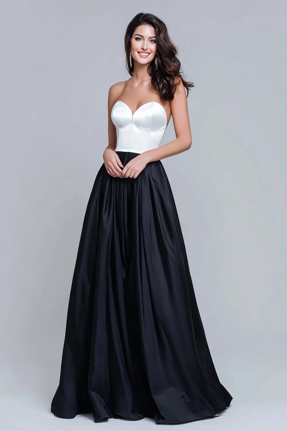 Black and White A Line Satin Long Formal Dress sold by Zapaka