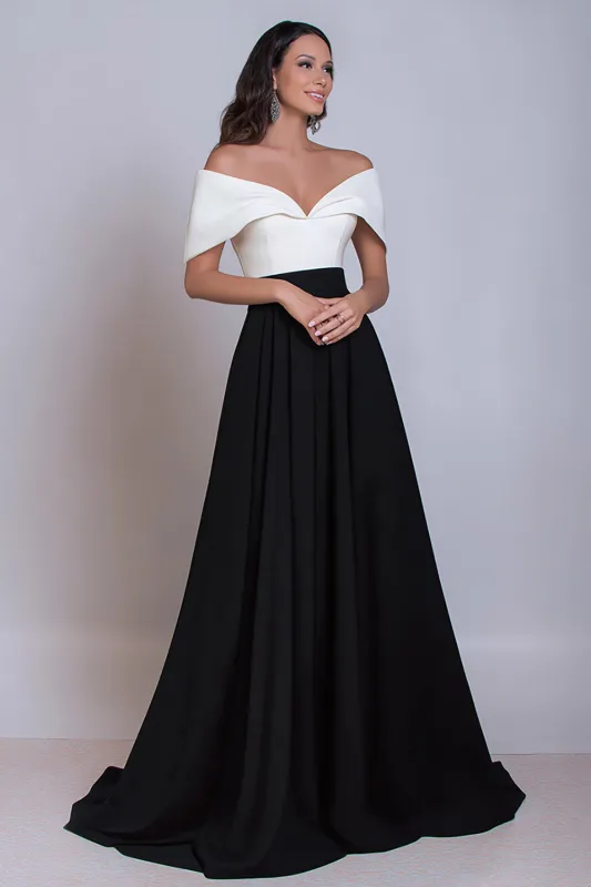 Black and White Satin Off the Shoulder Long Formal Dress sold by Zapaka