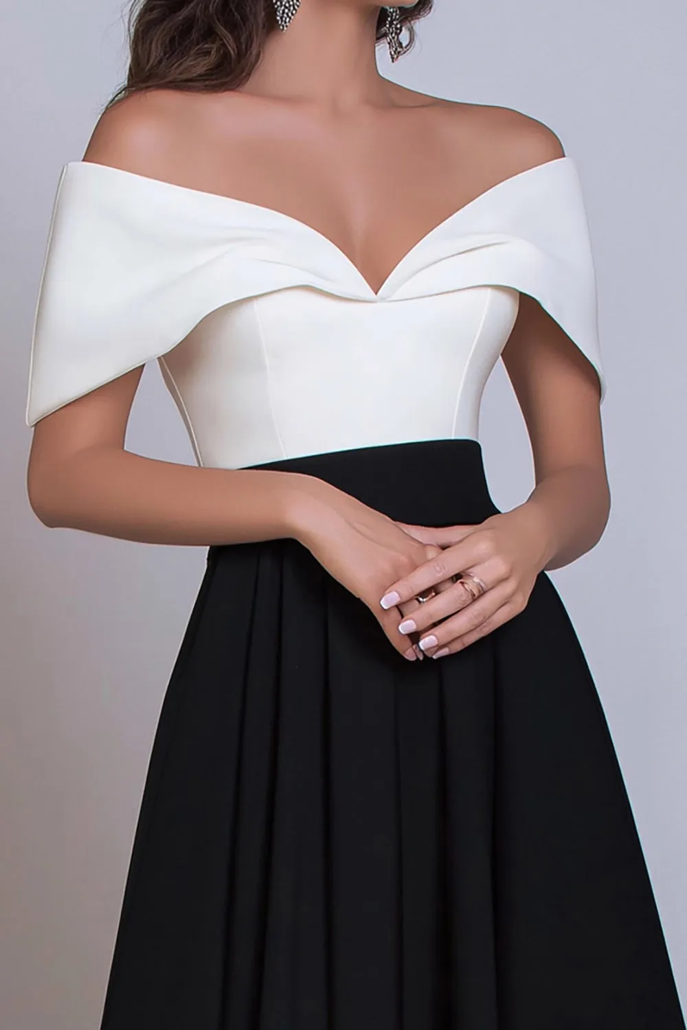 Black and White Satin Off the Shoulder Long Formal Dress sold by Zapaka product image thumbnail 2