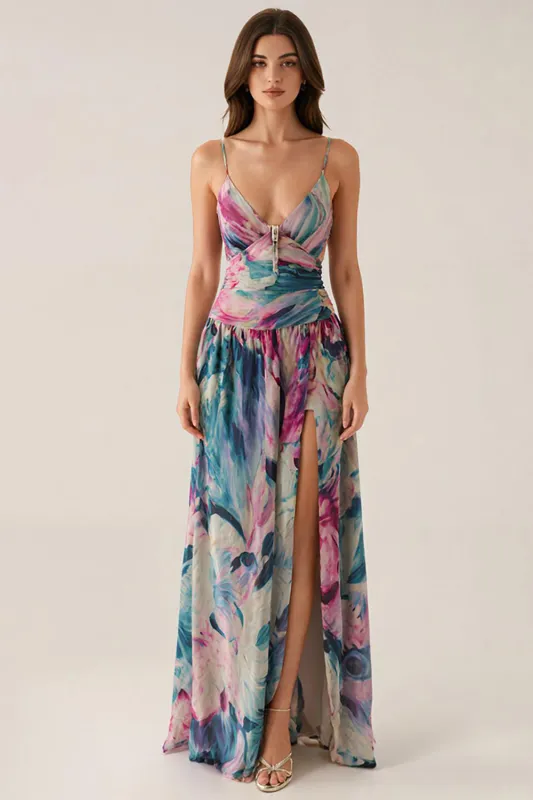 Purple Spaghetti Straps Printed Formal Dress sold by Zapaka