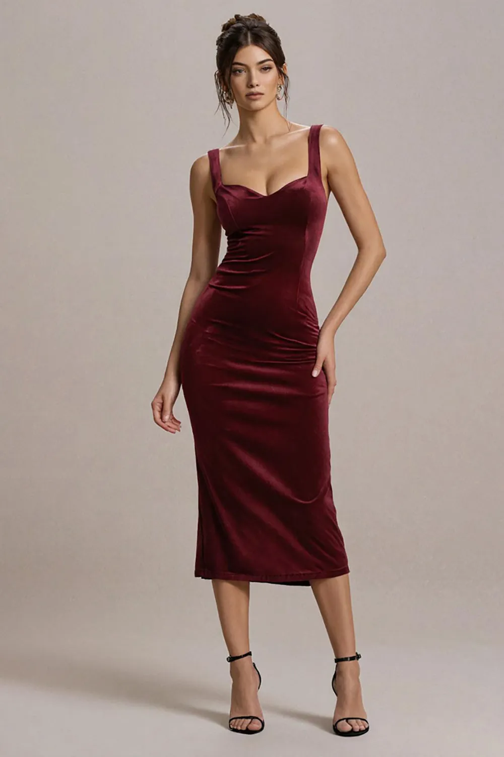 Burgundy Bodycon Velvet Midi Formal Dress sold by Zapaka