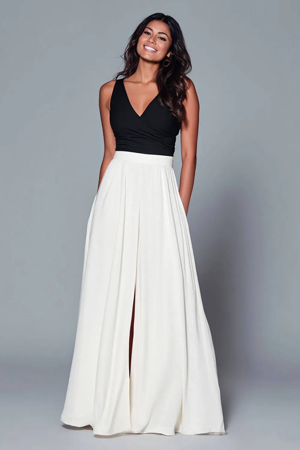 Black and White A Line V Neck Long Formal Dress with Slit sold by Zapaka