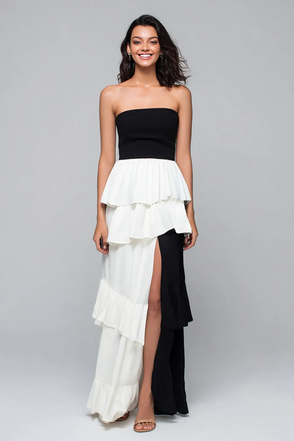 Strapless A Line Tiered Black and White Formal Dress with Slit sold by Zapaka