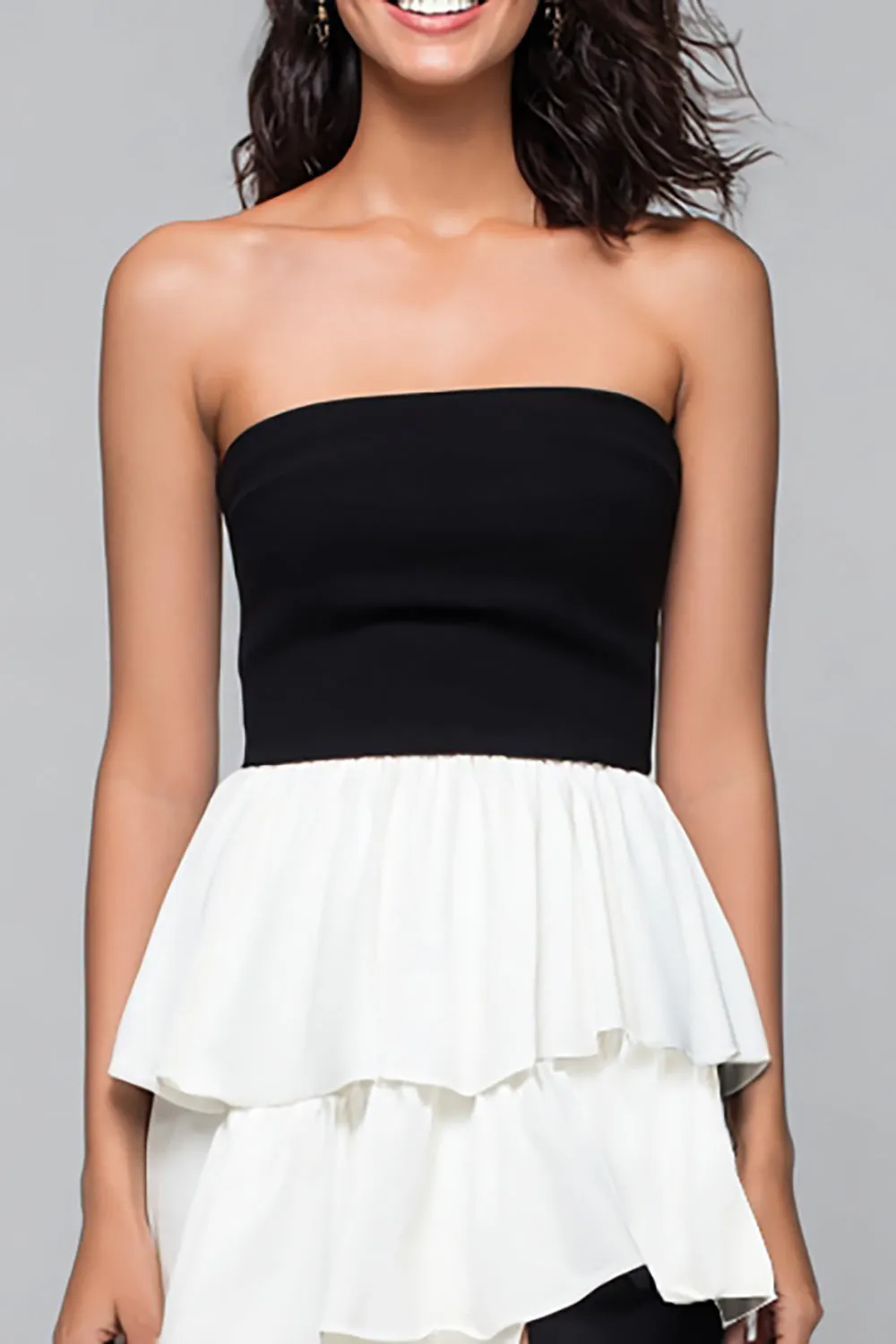 Strapless A Line Tiered Black and White Formal Dress with Slit sold by Zapaka product image thumbnail 2