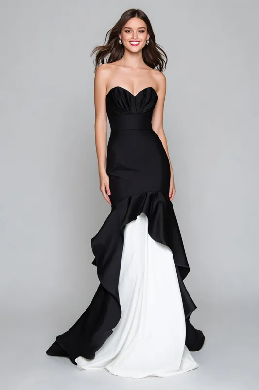 Mermaid Strapless Black and White Formal Dress with Ruffles sold by Zapaka