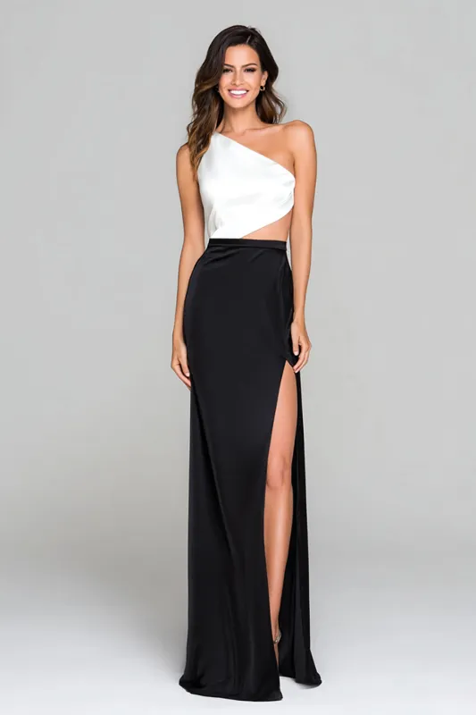 One Shoulder Sheath Cut Out Black and White Formal Dress with Slit sold by Zapaka