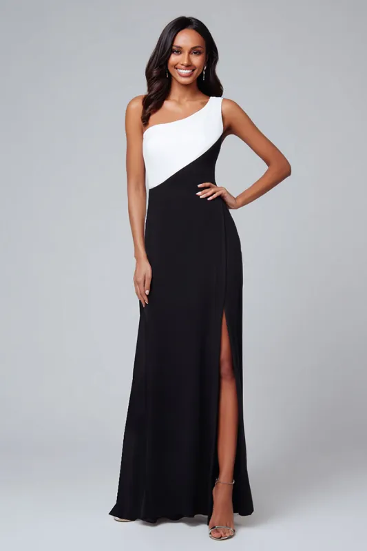 Sheath One Shoulder Black and White Formal Dress with Slit sold by Zapaka