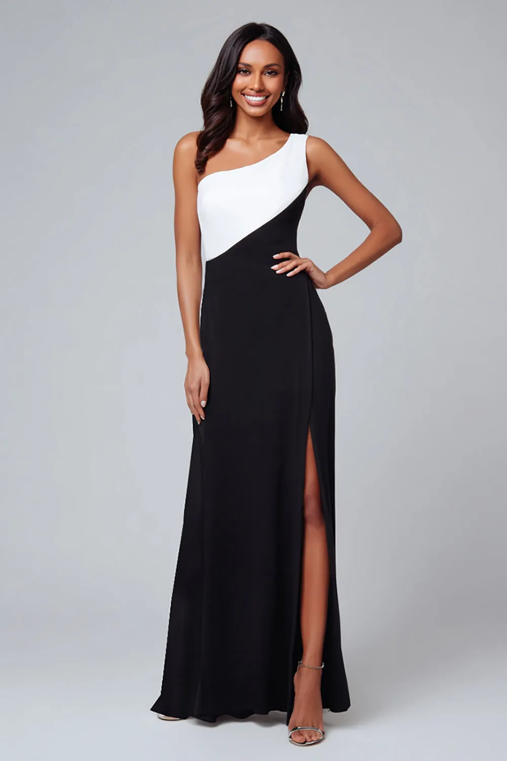 Sheath One Shoulder Black and White Formal Dress with Slit sold by Zapaka