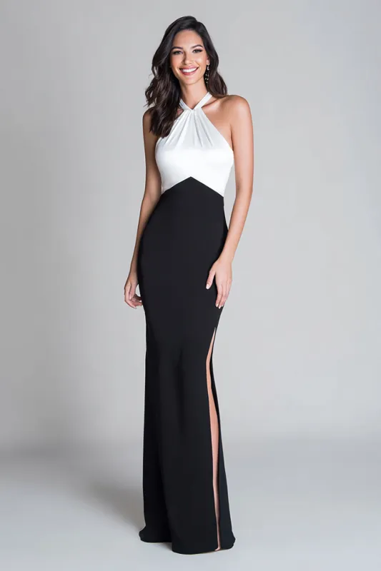 Halter Sheath Black and White Long Formal Dress with Slit made by Zapaka
