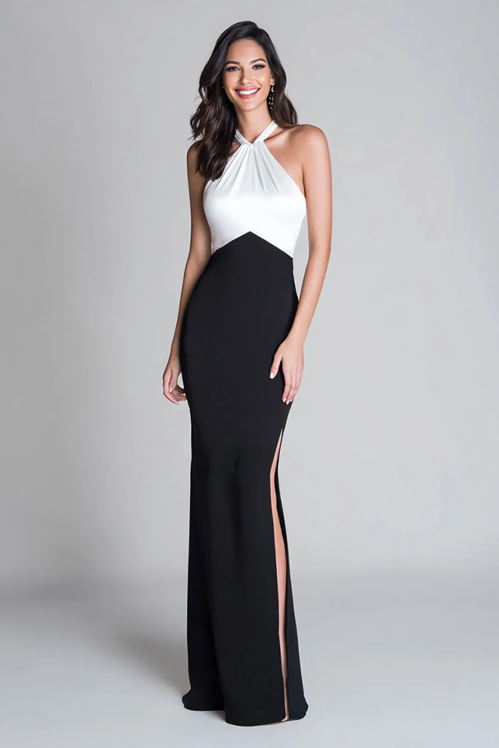 Halter Sheath Black and White Long Formal Dress with Slit sold by Zapaka