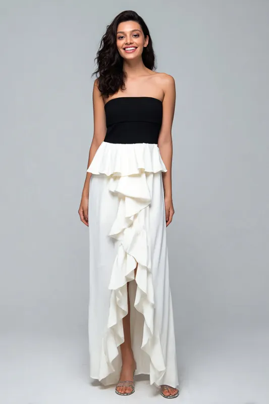 Strapless Black and White Ruffle Long Formal Dress with Slit sold by Zapaka