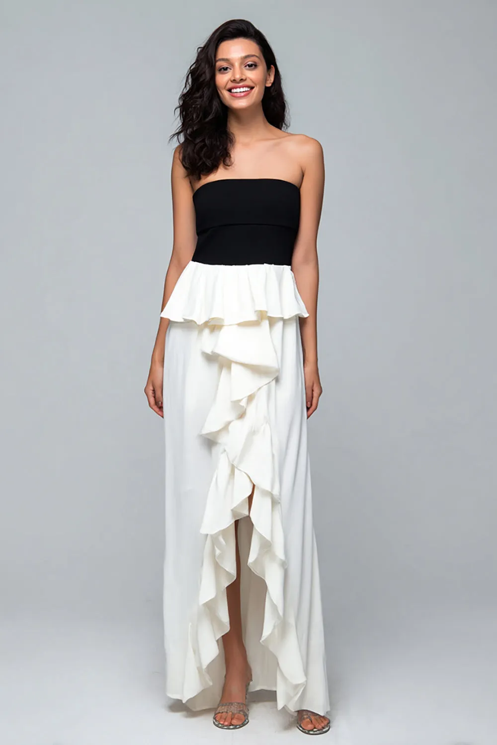 Strapless Black and White Ruffle Long Formal Dress with Slit sold by Zapaka