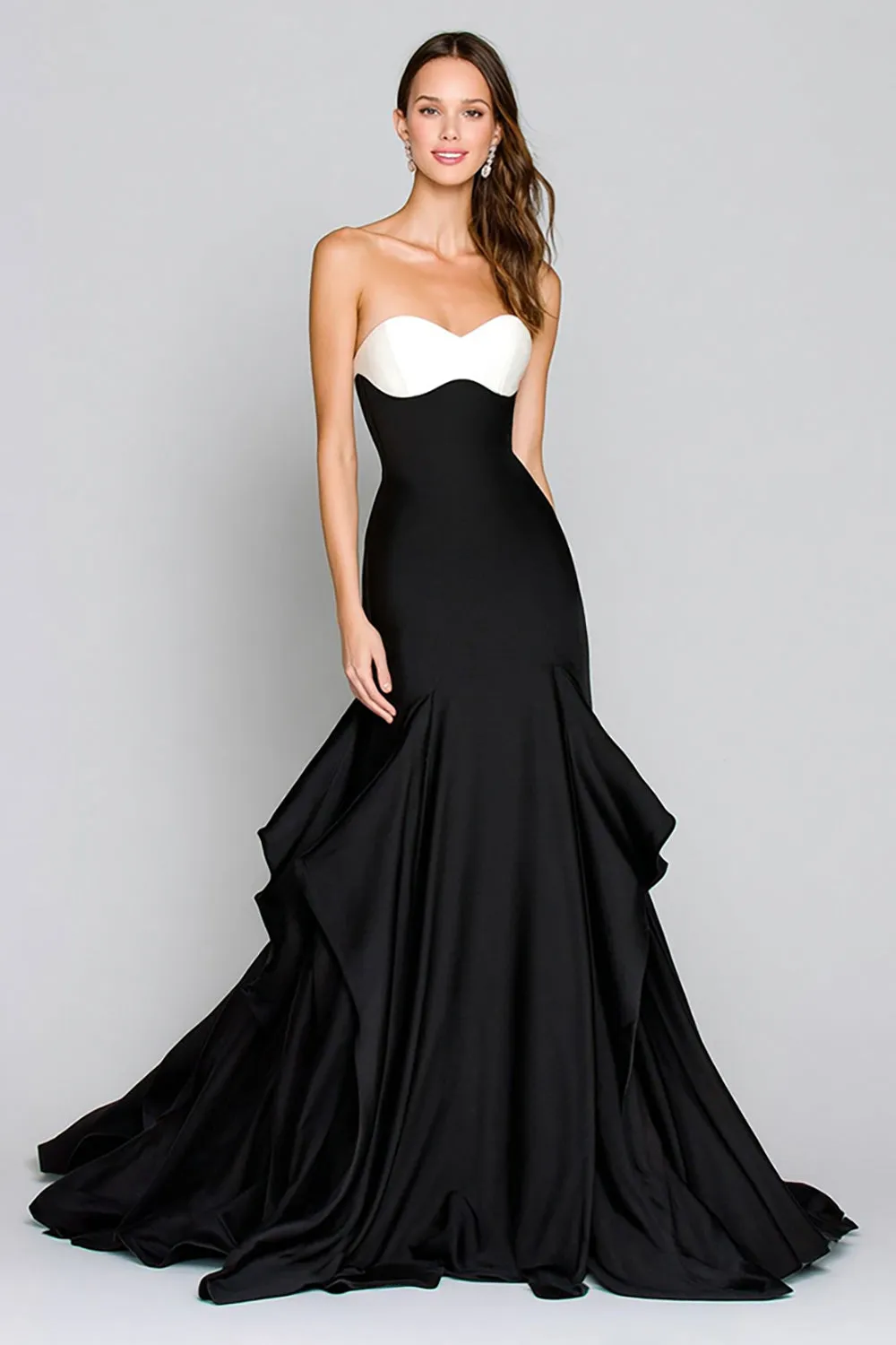 Black and White Mermaid Satin Long Formal Dress with Ruffles sold by Zapaka