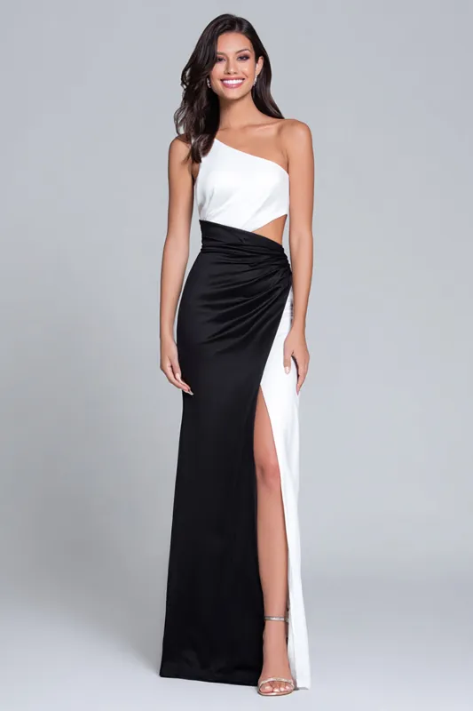 Black and White Satin Sheath Cut Out Long Formal Dress with Slit sold by Zapaka