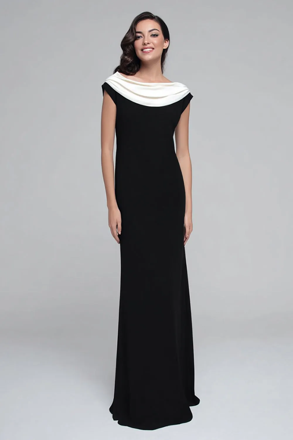 Black and White Cowl Neck Sheath Long Formal Dress with Sleeves sold by Zapaka