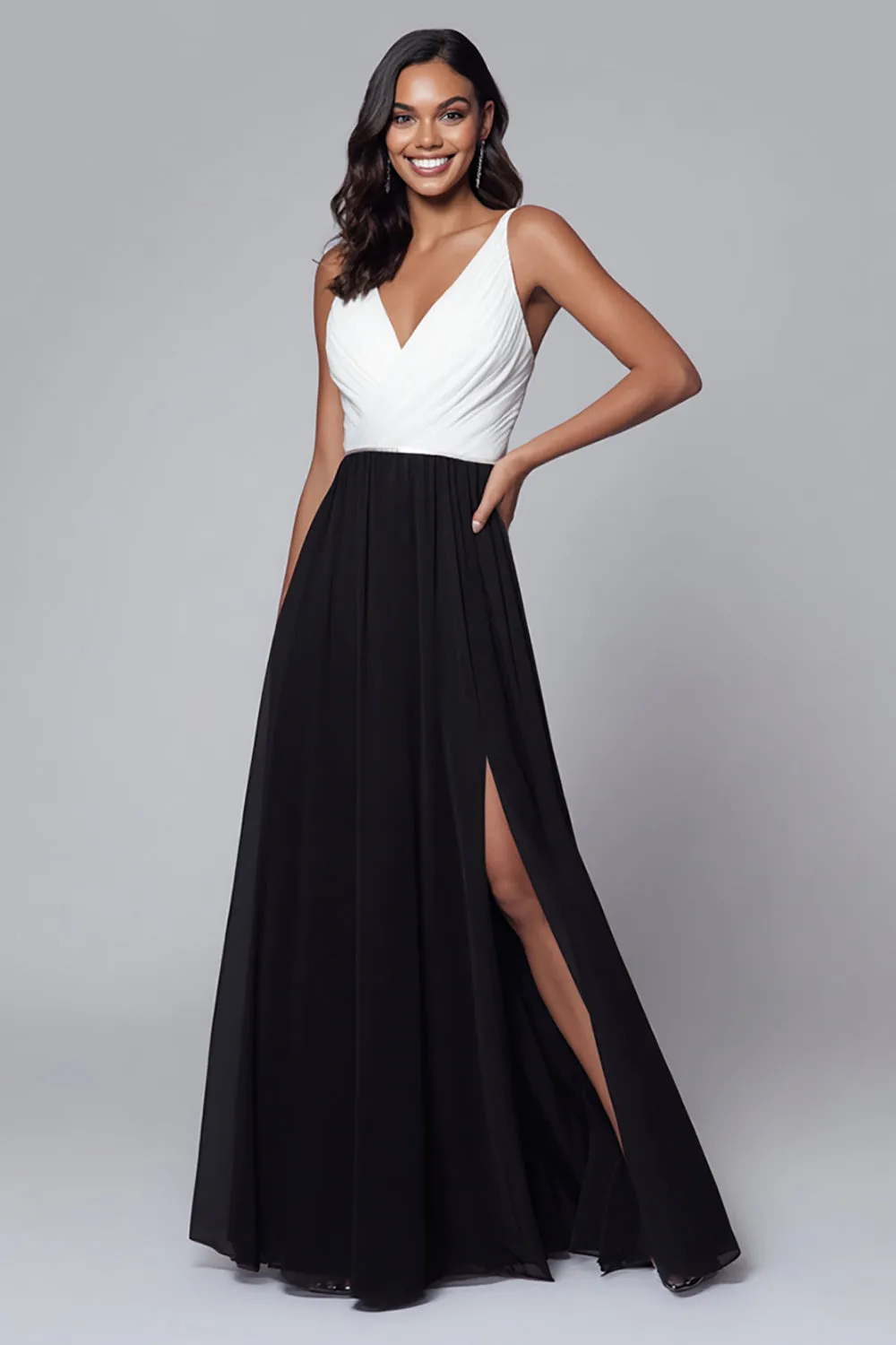V-Neck Black and White A Line Long Formal Dress with Slit sold by Zapaka