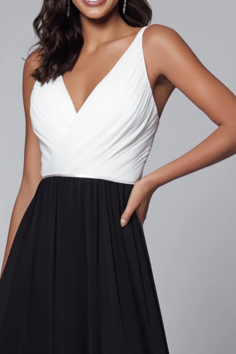 V-Neck Black and White A Line Long Formal Dress with Slit sold by Zapaka product image thumbnail 2