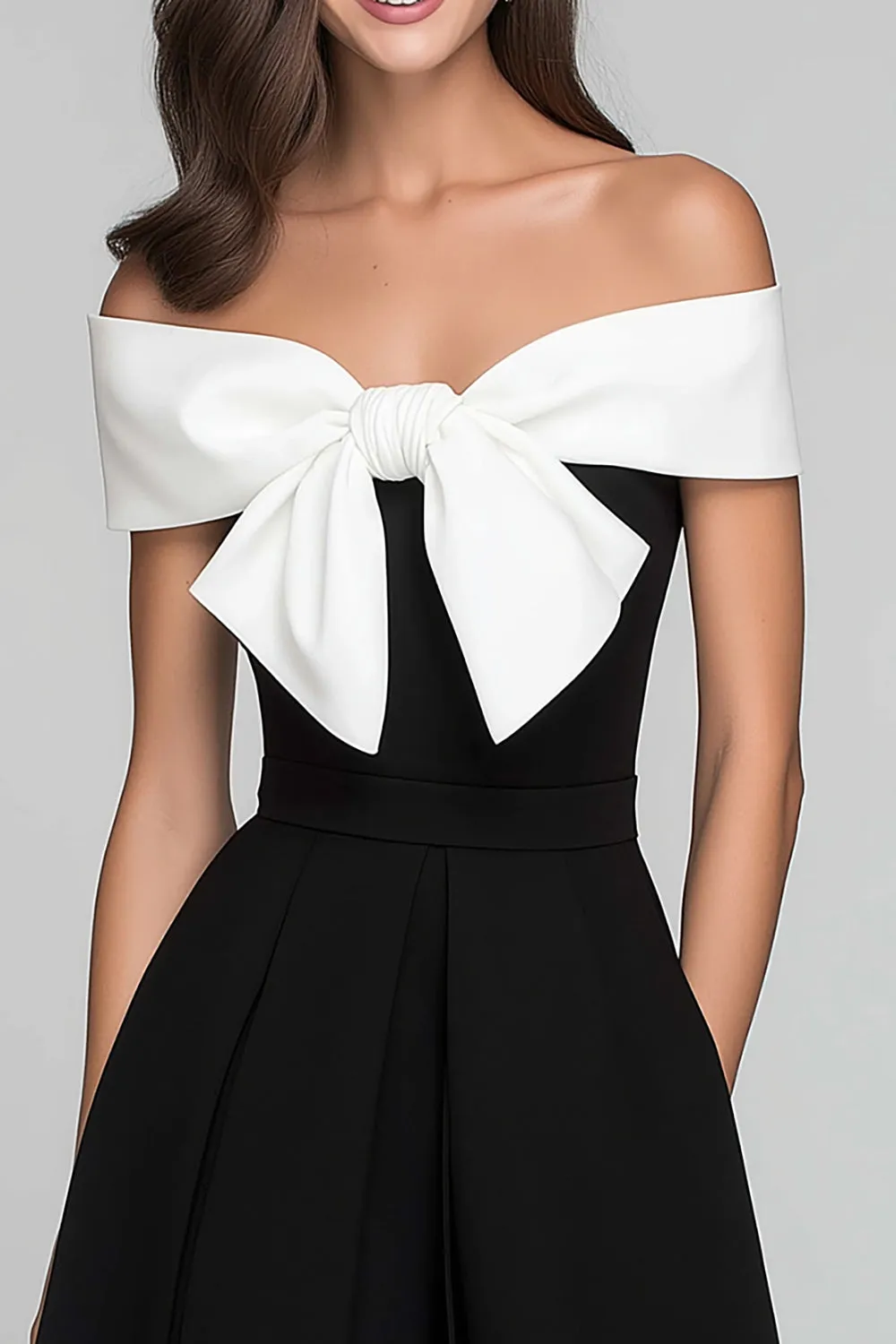 Black and White A Line Off the Shoulder Long Formal Dress with Bow sold by Zapaka product image thumbnail 2