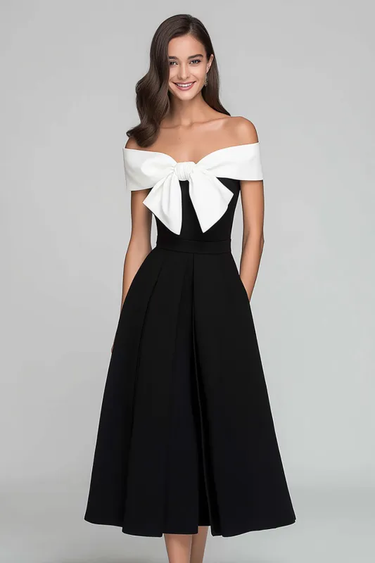 Black and White A Line Off the Shoulder Long Formal Dress with Bow sold by Zapaka