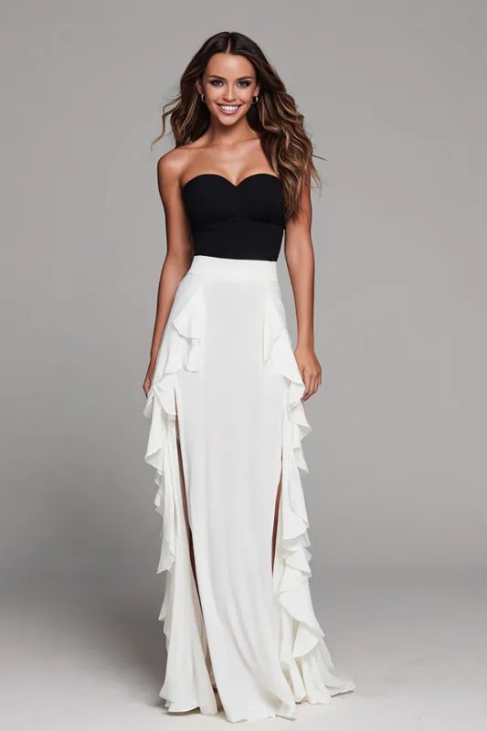Black and White A Line Ruffled Long Formal Dress with Slit sold by Zapaka