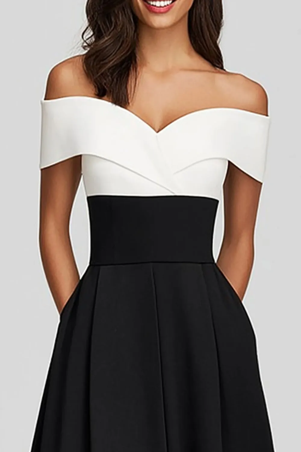 Black and White Satin Off the Shoulder Long Formal Dress with Pockets sold by Zapaka product image thumbnail 2