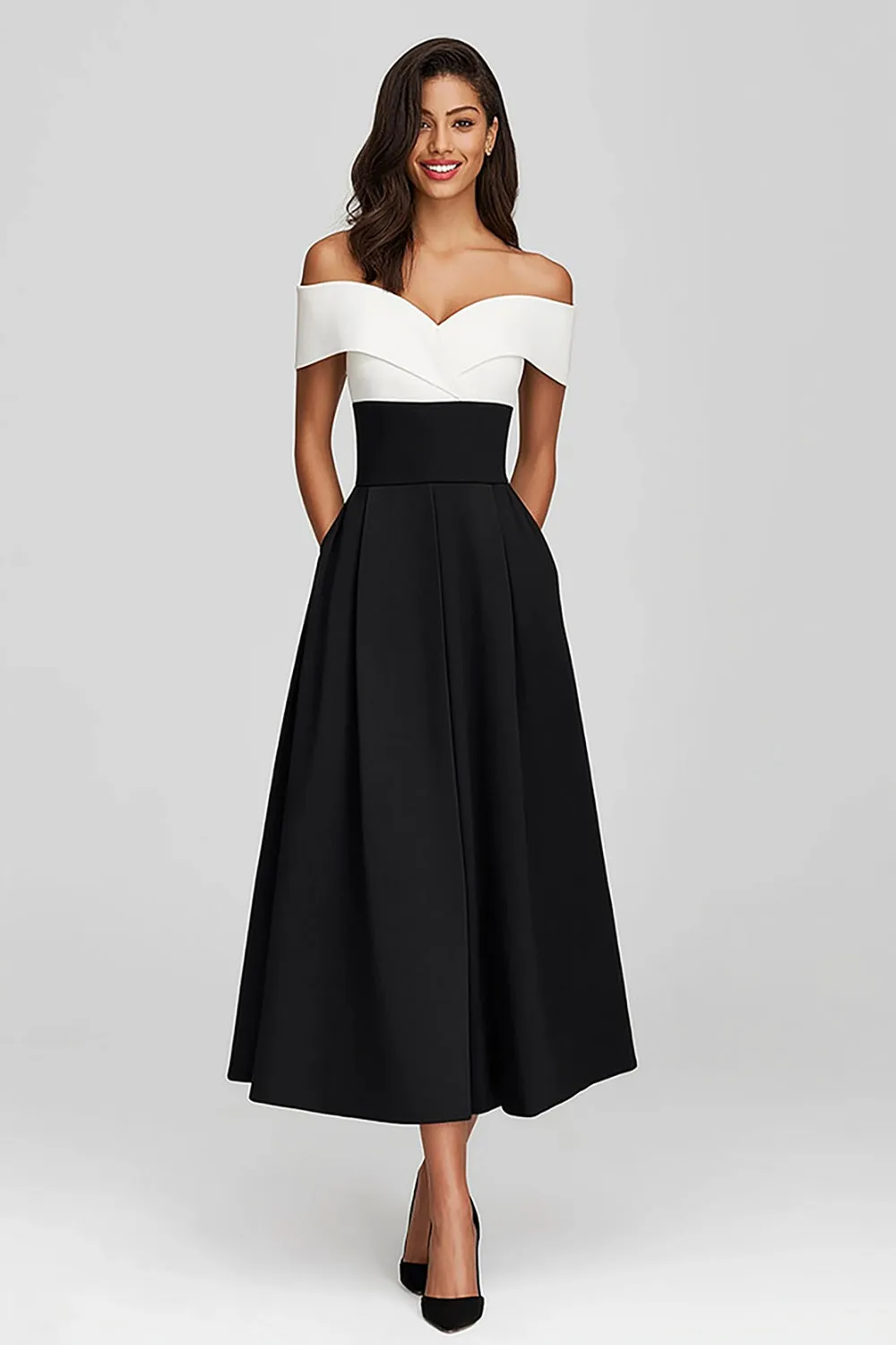 Black and White Satin Off the Shoulder Long Formal Dress with Pockets sold by Zapaka