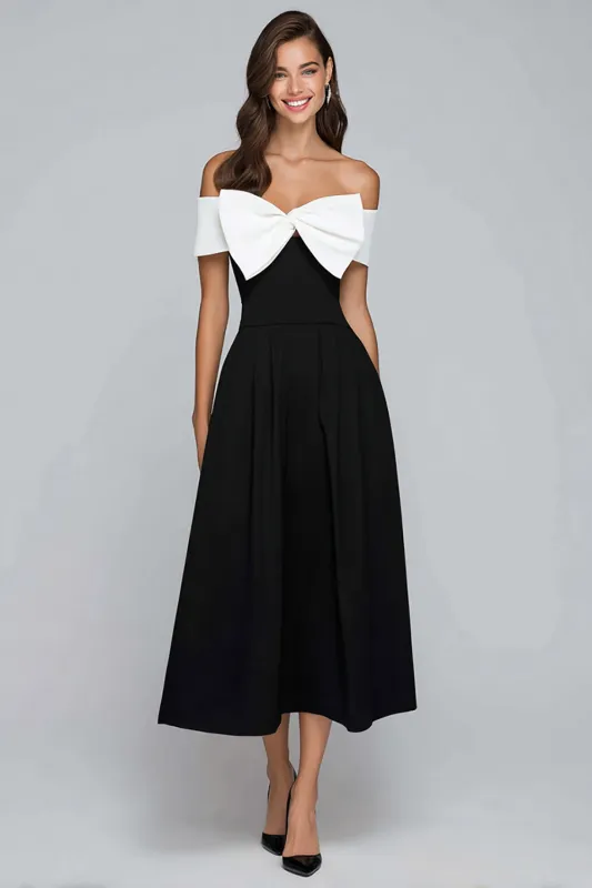 Black and White Off the Shoulder A Line Long Formal Dress with Bow sold by Zapaka