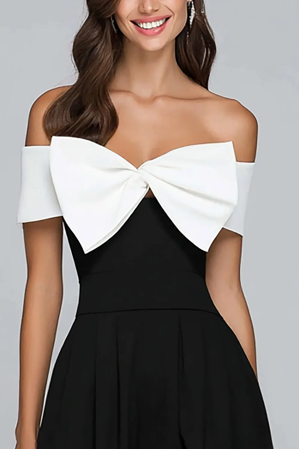 Black and White Off the Shoulder A Line Long Formal Dress with Bow sold by Zapaka product image thumbnail 2