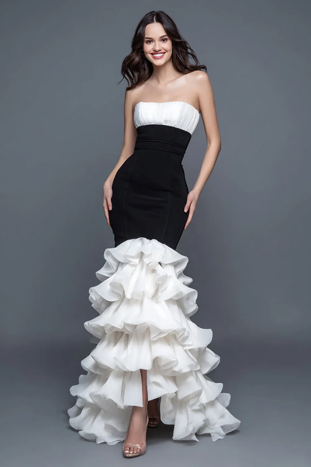 Black and White Mermaid Strapless Long Formal Dress with Ruffles sold by Zapaka