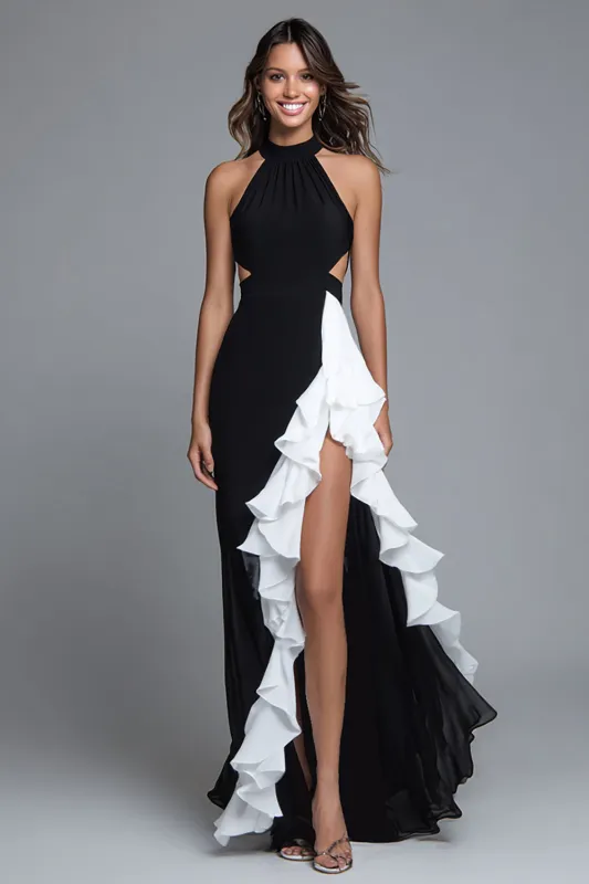 Black and White A Line Cut Out Long Formal Dress with Ruffles sold by Zapaka